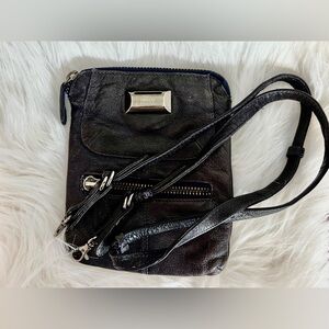 Latico Charcoal Gray Pebbled Leather Crossbody Bag Purse NJ USA Floral Lining